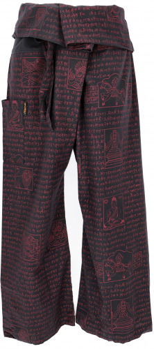 Thai woven cotton fisherman pants with mantra print, wrap pants, yoga pants - black