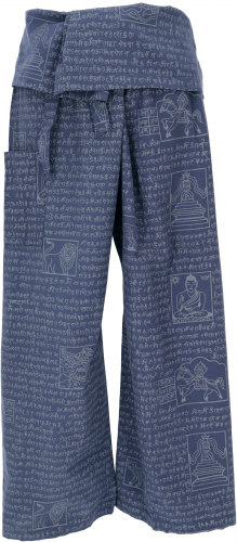 Thai woven cotton fisherman pants with mantra print, wrap pants, yoga pants - blue