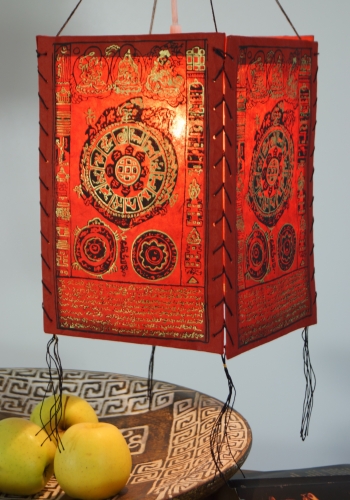 Lokta paper hanging lampshade, ceiling lamp from handmade paper - Mandala red - 28x18x18 cm 