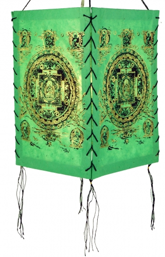Lokta paper hanging lampshade, ceiling lamp made of handmade paper - Buddha Mandala green - 28x18x18 cm 