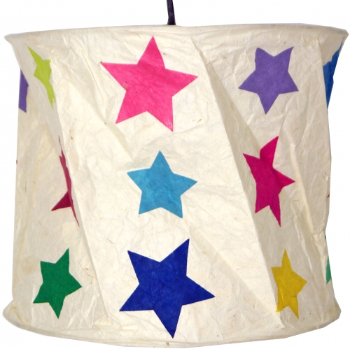 Round paper hanging lamp, Lokta paper lampshade Annapurna, handmade paper - white/colorful stars - 25x28x28 cm Ø28 cm