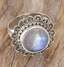 Boho silver ring, large floral silver ring - moonstone