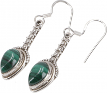 Ornate Boho Silver Earring, Indian Gemstone Earrings - Malachite