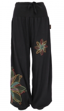 Wide waist harem pants with floral embroidery - black