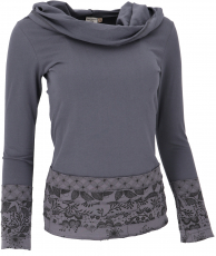 Hoodie, boho patchwork shirt with shawl hood - dark gray