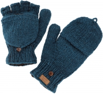 Gloves, hand knitted folding gloves, wool gloves uni - petrol