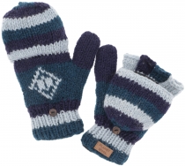 Hand knitted gloves, folding gloves Nepal, wool gloves - blue