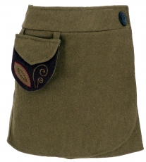 Embroidered wool felt wrap skirt cacheur - olive green