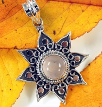 Ethno silver pendant, Brazilian sun pendant - rose quartz