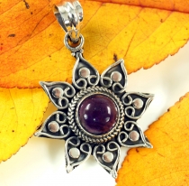 Ethno silver pendant, Brazilian sun pendant - Ametyst