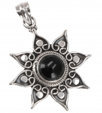 Ethno silver pendant, Brazilian sun pendant - Onyx