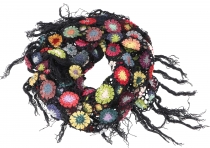 Crochet stole, hippie flower crochet scarf - black