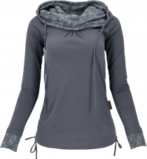 Organic cotton longshirt, boho shirt shawl hood - blue-grey