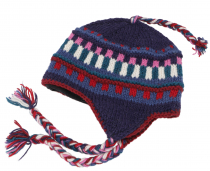 Wool hat with earflaps, Norwegian cap - blue/pink