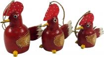 Set of 3 pendants, Small wooden figure, animal figure cock - red