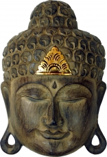 Carved Buddha mask with gold ornament, wall decoration, ethno bal..