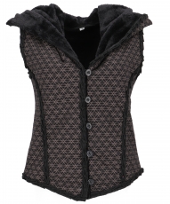 Short Goa vest with wide, fluffy hood `Flower of Life` - black/br..