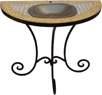 Semicircular mosaic washbasin with small brass sink and rustic me..