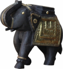 Decorative elephant carved with brass ornaments - 16cm