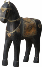 Decorative horse carved with brass ornaments - 25cm