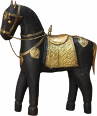 Decorative horse carved with brass ornaments - 20cm