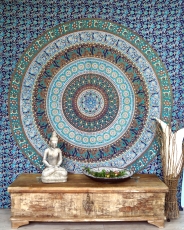 Boho style wall hanging, Indian bedspread Mandala print- blue/gre..