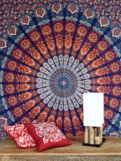 Boho style wall hanging, Indian bedspread Mandala print- blue/ora..