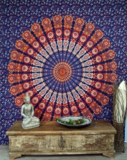 Boho style wall hanging, Indian bedspread Mandala print- blue/ora..