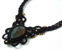 Macramé necklace with glowing labradorite, goa jewelry - black