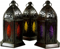 Oriental metal/glass lantern in Moroccan design, lantern in 5 col..