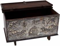 Rustic Orissa tribal wooden chest or bench with ornaments and car..