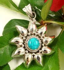 Ethno silver pendant, indian sun pendant - turquoise