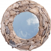 Round driftwood mirror, decorative mirror with pieces of driftwoo..