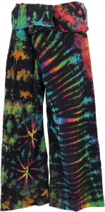 Batik Thai cotton fisherman pants, wrap pants, yoga pants - black/rainbow