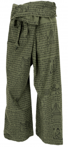 Thai woven cotton fisherman pants with mantra print, wrap pants, yoga pants - olive green
