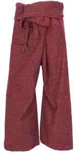Thai woven cotton fisherman pants with mantra print, wrap pants, yoga pants - wine red