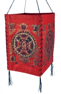 Lokta paper hanging lampshade, ceiling lamp from handmade paper - Buddha Mandala red - 28x18x18 cm 