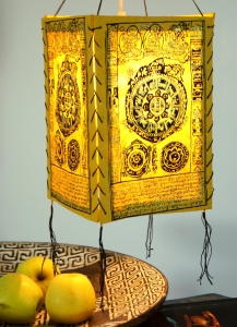 Lokta paper hanging lampshade, ceiling lamp from handmade paper - Mandala yellow - 28x18x18 cm 